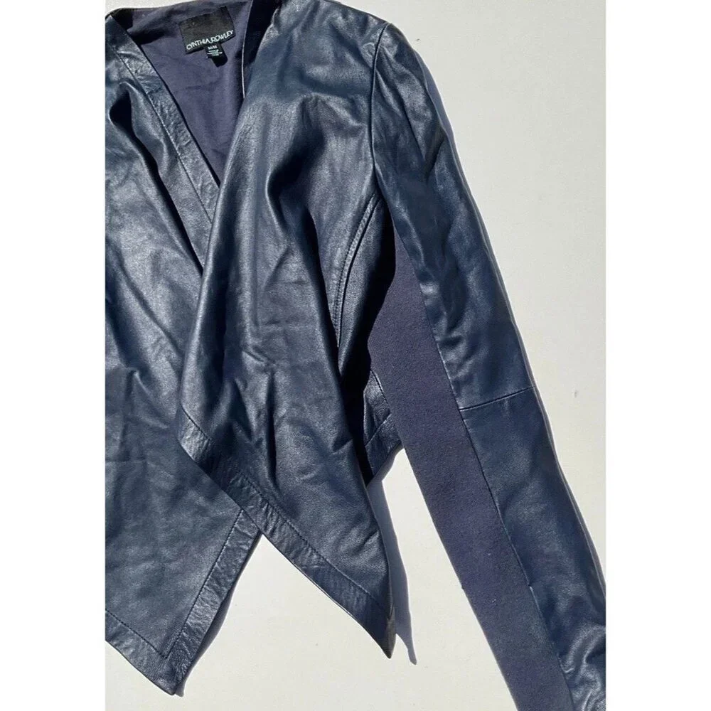 Vintage CYNTHIA ROWLEY Blue Cropped Jacket Women's Size Medium 100% Leather